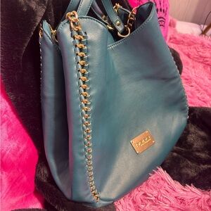 bebe Teal Leather Shoulder Bag with Gold Chain Detail